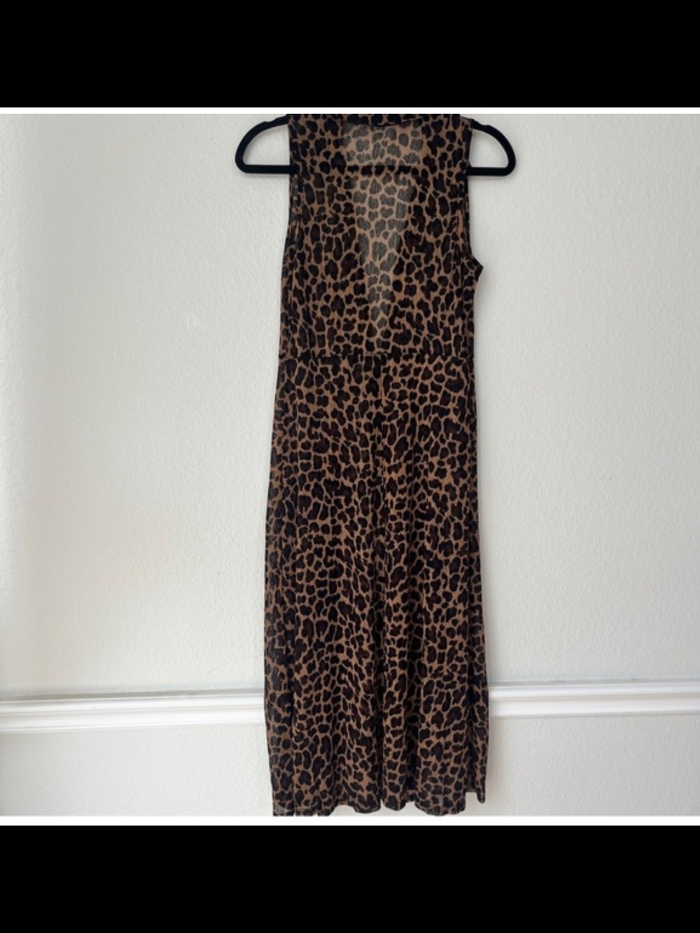 Sleeveless Leopard Print Sheer Boho Maxi Cover Up Dress Brown, Size M